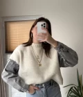 Premium Krem Denim Detay Kazak