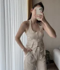 Premium Saten Yelekli Takım Krem Rengi