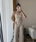 Premium Saten Yelekli Takım Krem Rengi