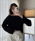 Puffy Kumaş Kayık Yaka Siyah