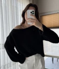 Puffy Kumaş Kayık Yaka Siyah