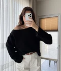 Puffy Kumaş Kayık Yaka Siyah