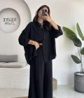 Roxy Gofre Gömlek Pantolon Takım - Siyah - 8008