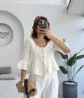 1013 - Seren Katlı Bağlamalı Bluz - Kırık Beyaz