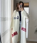 Slogan Nakışlı Detaylı Uzun Hırka Ekru