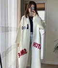 Slogan Nakışlı Detaylı Uzun Hırka Ekru