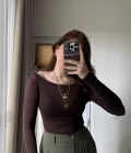 Transparan Acı Kahve Kayık Yaka Bluz