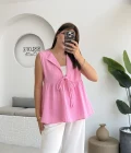V Yaka Bağcıklı Bluz-1012-Şeker Pembesi