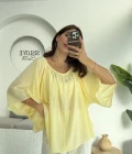 Yakası Lastikli Yarasa Kol Bluz - Sarı - 4978