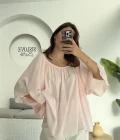 Yakası Lastikli Yarasa Kol Bluz - Şeker Pembesi - 4978