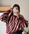 Zebra Desen Kalın Triko Kazak Bordo