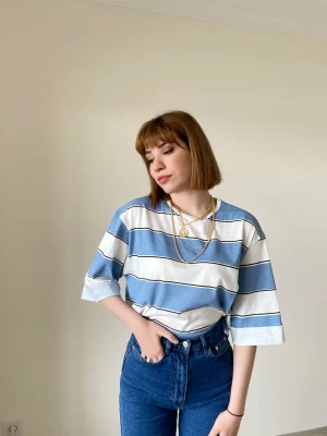 Çizgili Mavi Oversize T-Shirt
