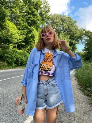Oversize Bebe Mavisi Keten Gömlek