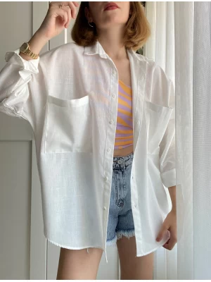 Oversize Kırık Beyaz Keten Gömlek