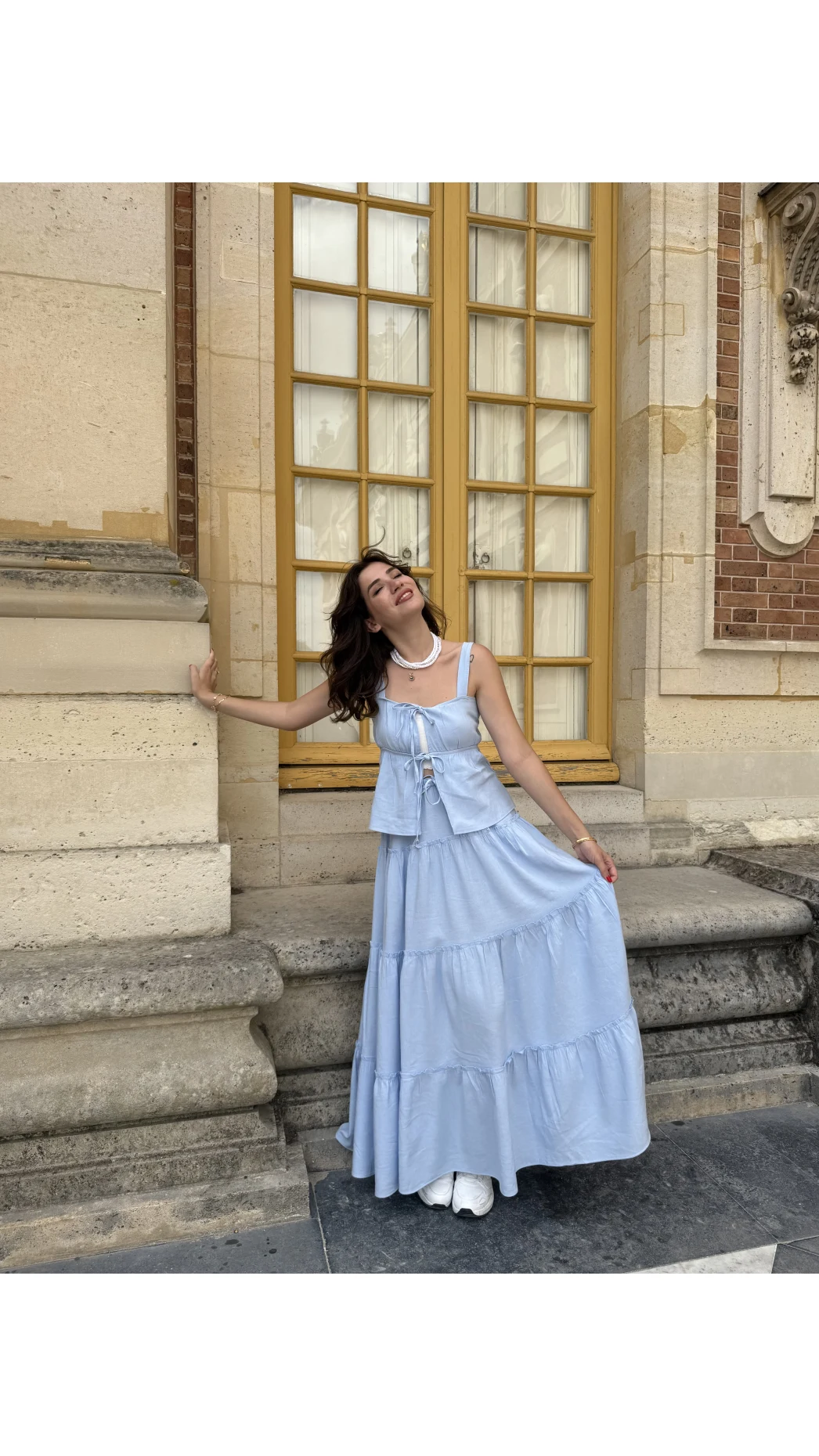 Vanessa Katlı Bağlamalı Bluz Etek Takım - Mavi - 30358