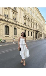 Jane Brode Askılı Bluz Etek Takım - Beyaz - 2464