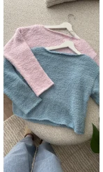 Puffy Kumaş Kayık Yaka Mavi