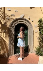 Tredi Çiçekli Elbise Mavi Dantel Detay