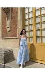 Vanessa Katlı Bağlamalı Bluz Etek Takım - Mavi - 30358