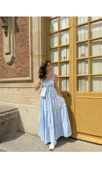Vanessa Katlı Bağlamalı Bluz Etek Takım - Mavi - 30358