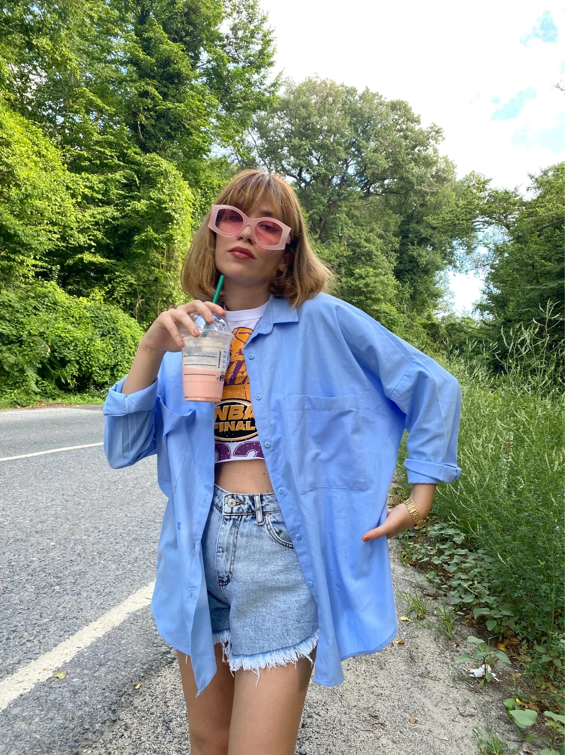 Oversize Bebe Mavisi Keten Gömlek