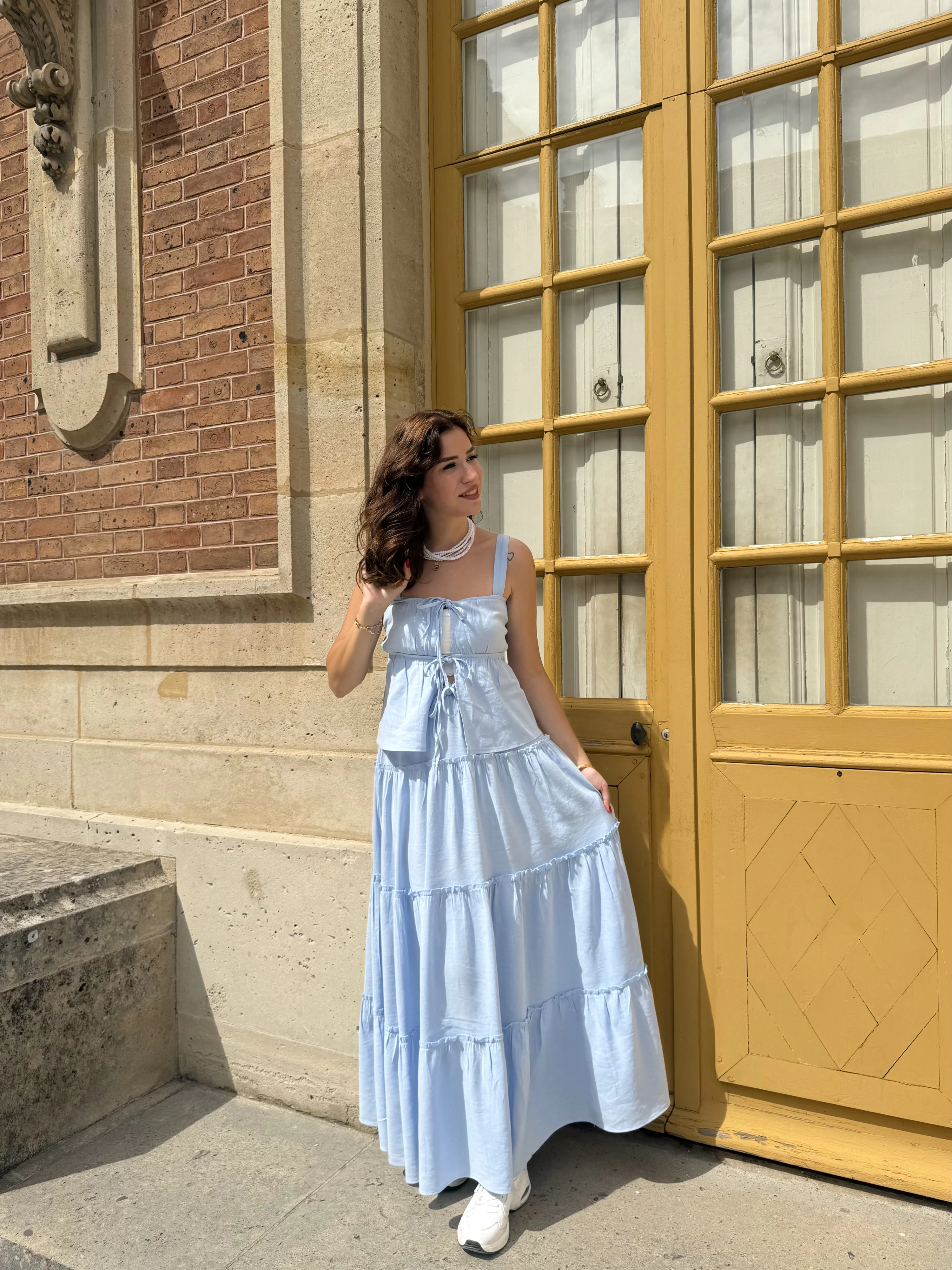 Vanessa Katlı Bağlamalı Bluz Etek Takım - Mavi - 30358