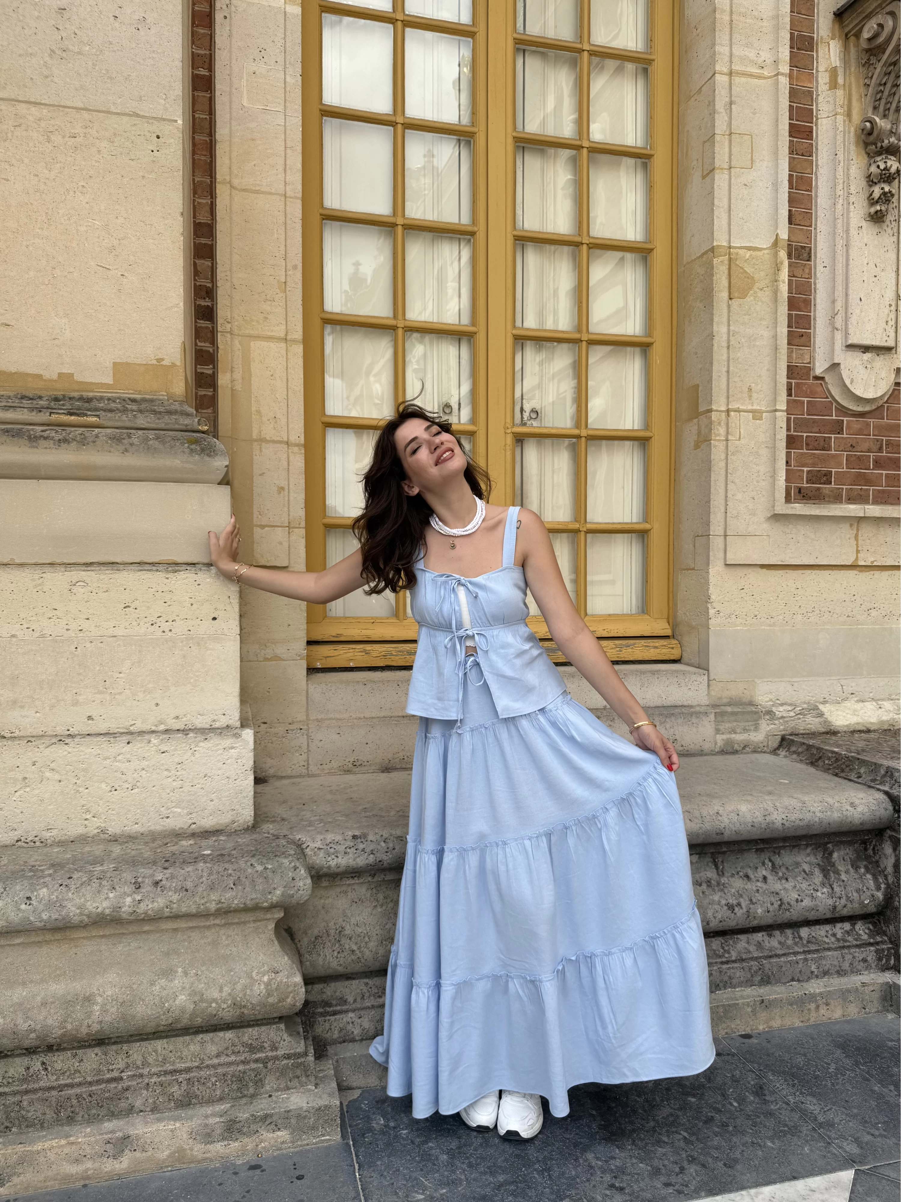 Vanessa Katlı Bağlamalı Bluz Etek Takım - Mavi - 30358