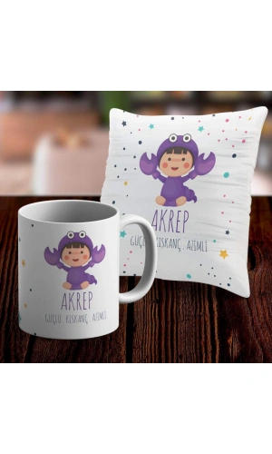 Akrep Tasarımlı Sevimli Kupa ve Yastık Kılıfı Seti