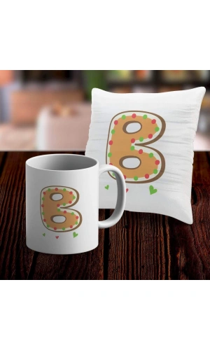 B Harfi Tasarımlı Kupa ve Yastık Kılıfı Hediye Seti