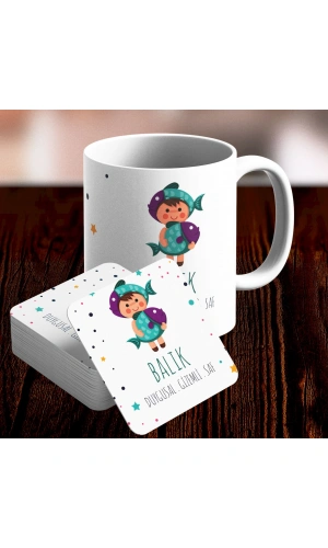 Balık Burcu Özel Sevimli Kupa ve Altlık Seti