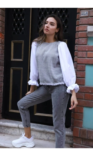 Balon Kol Bluz - BEYAZ