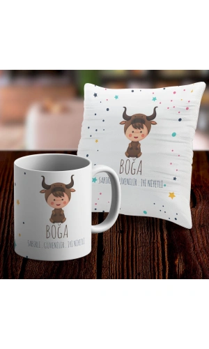 Boğa Tasarımlı Sevimli Kupa ve Yastık Kılıfı Seti