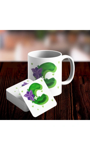 C Harfi Tasarımlı Kupa ve Bardak Altlığı Seti