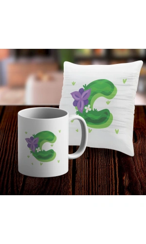 C Harfi Tasarımlı Kupa ve Yastık Kılıfı Hediye Seti