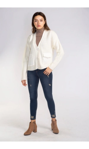 Cep ve Düğme Detaylı Hırka-EKRU