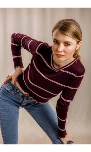 Çizgili Crop Triko - BORDO