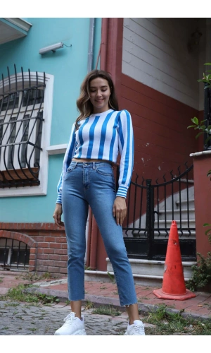 Çizgili Tasarım Triko Bluz - MAVİ