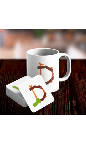 D Harfi Tasarımlı Kupa ve Bardak Altlığı Seti