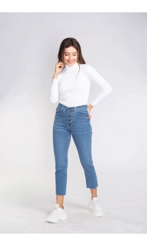 Düğme Detaylı Kesik Paça Slim Fit Jean-MAVİ