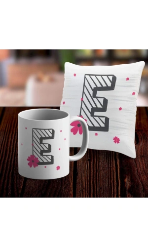 E Harfi Tasarımlı Kupa ve Yastık Kılıfı Hediye Seti