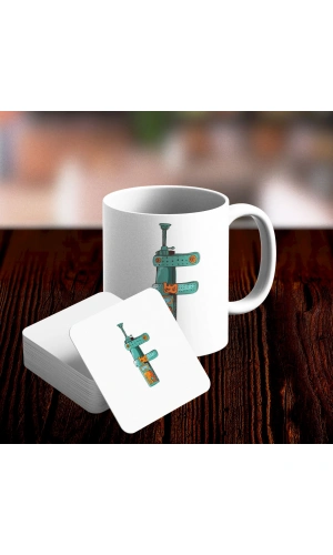 F Harfi Tasarımlı Kupa ve Bardak Altlığı Seti