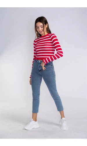 Fırfır Detaylı Çizgili Triko Bluz-KIRMIZI