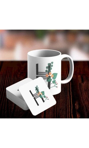 H Harfi Tasarımlı Kupa ve Bardak Altlığı Seti