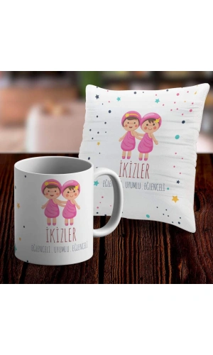 İkizler Tasarımlı Sevimli Kupa ve Yastık Kılıfı Seti