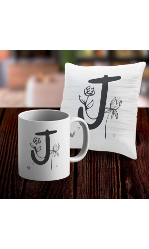 J Harfi Tasarımlı Kupa ve Yastık Kılıfı Hediye Seti