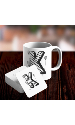 K Harfi Tasarımlı Kupa ve Bardak Altlığı Seti