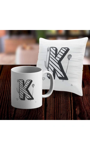 K Harfi Tasarımlı Kupa ve Yastık Kılıfı Hediye Seti