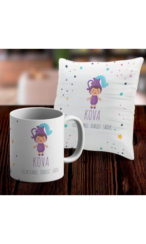 Kova Tasarımlı Sevimli Kupa ve Yastık Kılıfı Seti