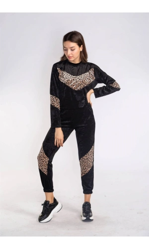 Leopar Desenli Kadife Takım-SİYAH