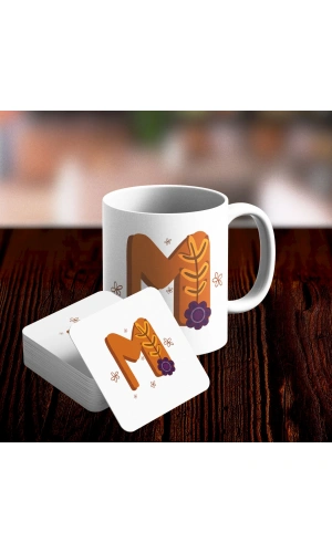 M Harfi Tasarımlı Kupa ve Bardak Altlığı Seti